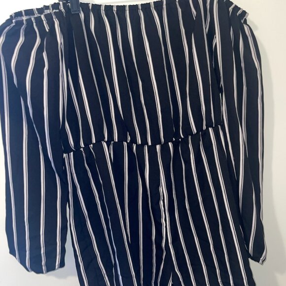 Missguided Striped Off-Shoulder Long Sleeve Romper – Black & White - Picture 5 of 5
